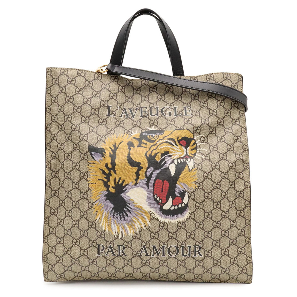 GUCCI GG Supreme Tiger Tote Bag/Shoulder Bag, Leather, Khaki Beige/Black, 450950